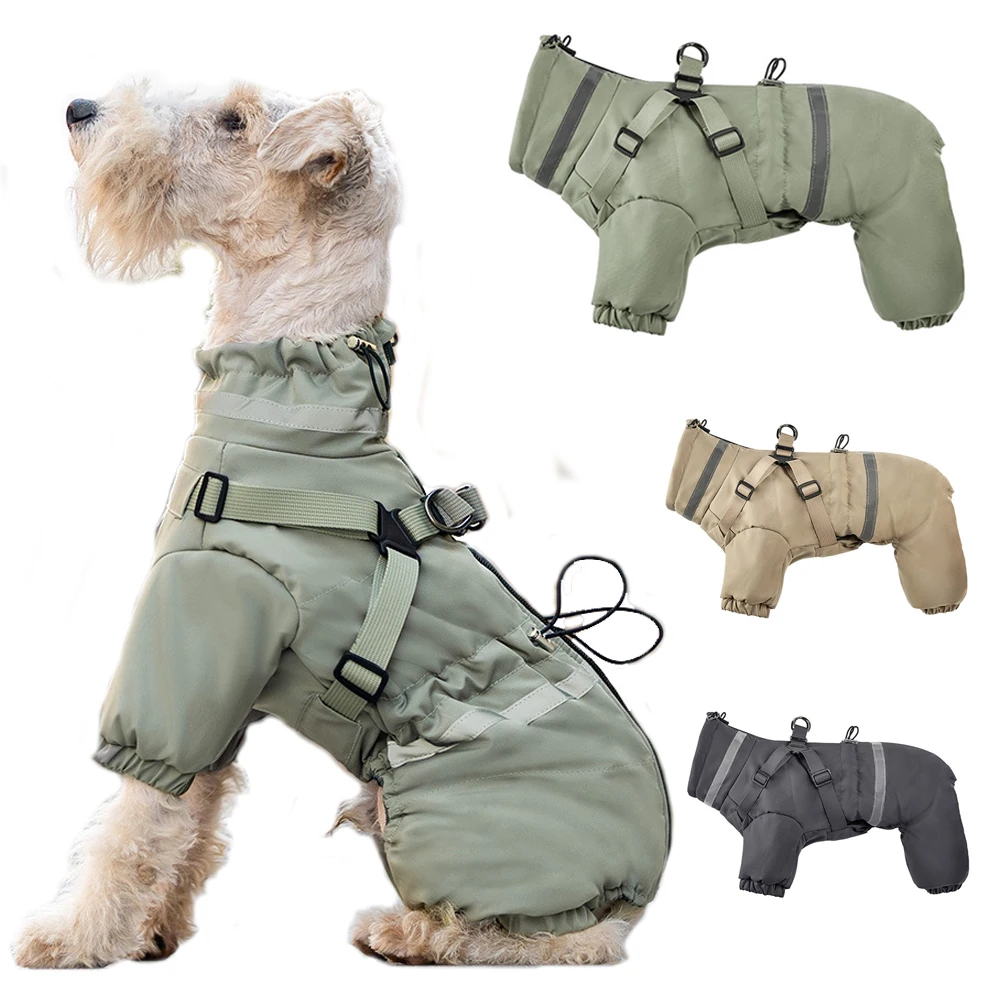 Winter Dog Overalls with Harness Waterproof Thicken Puffy Dog Coat with 4 Legs Adjustable Reflective Pet Jacket Warm Snow Outfit