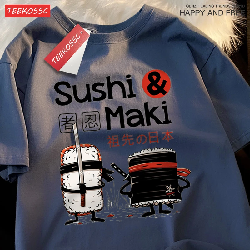 Theduc Unisex Cotton Crewneck Sushi Graphic T-Shirt - Fashionable Loose Fit Top