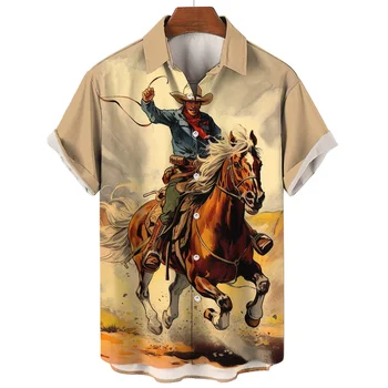 Retro Western Cowboy Men Car Girls Hawaiian Oversized Short Sleeve Shirt Street Luxury Tops Summer Clothing 3D Printed Clothing