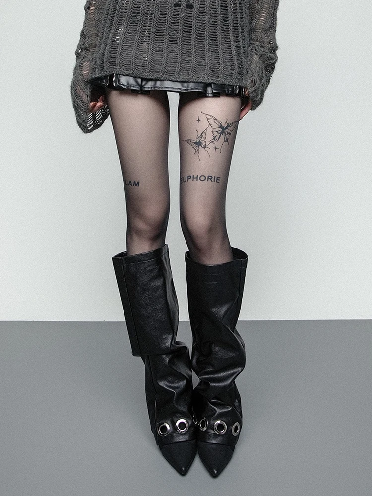 [EAM] Black Metal Circle Pu Leather Leg Warmers Knee Sleeve Personality Women New Fashion All-match Spring Autumn 2026 1DK0286