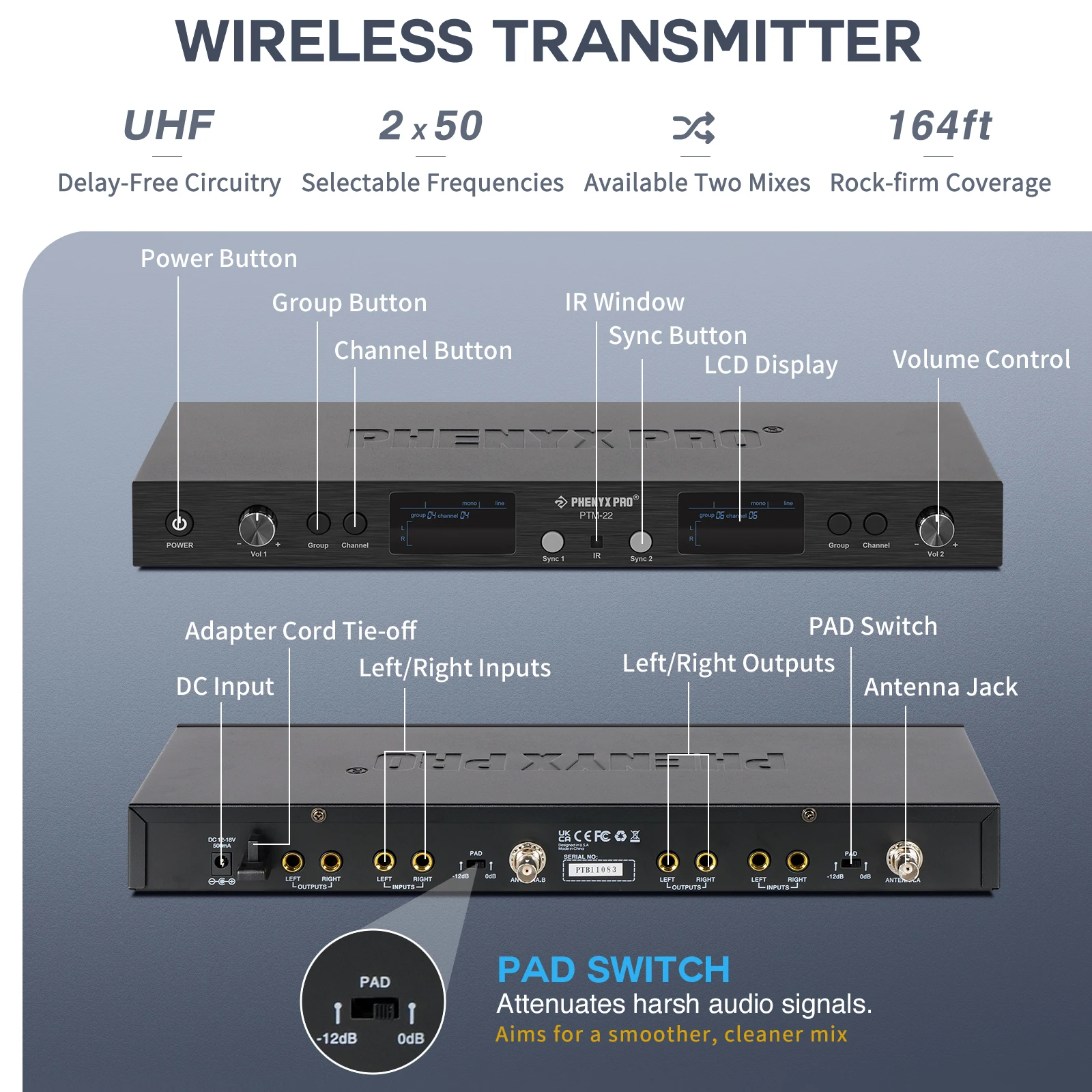 Phenyx Pro UHF Mono Dual Wireless in-Ear Audio Monitor System Metal Transmitter Sturdy Bodypack Receiver 2x50 Frequencies500MHz wireless in ear monitor