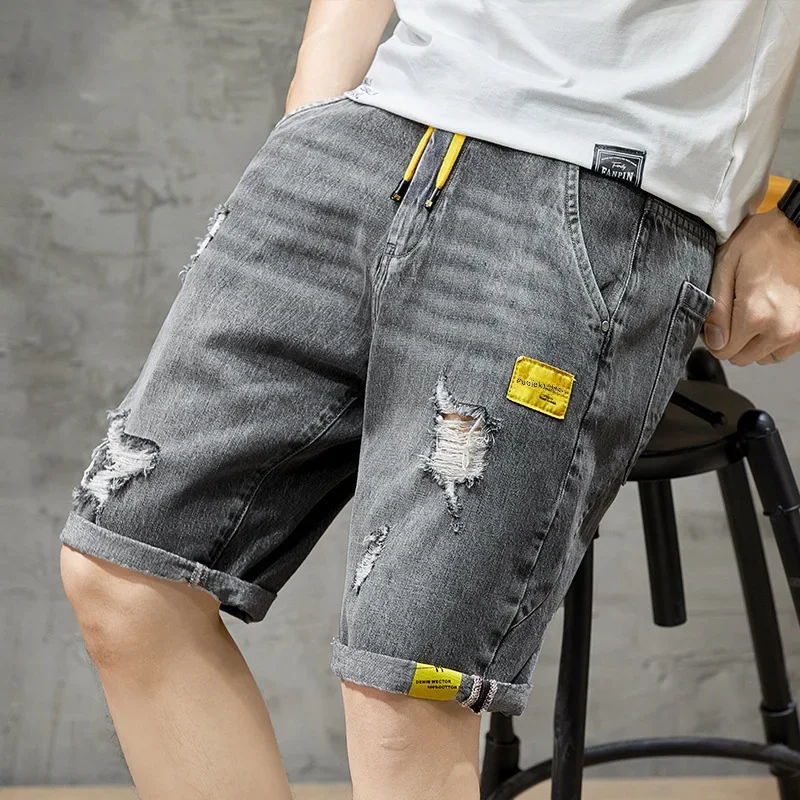 Men Jeans Summer Denim Shorts Men Trendy Ripped Elastic Waist Loose Fit Casual 5 Minute Length Middle Pants