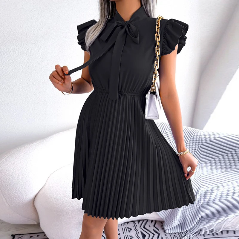 

Women Elegant Dress Lace-up Stand Collar Lotus Leaf Sleeve Pleated Skirt Casual Solid Color Spring Summer Beach Dresses