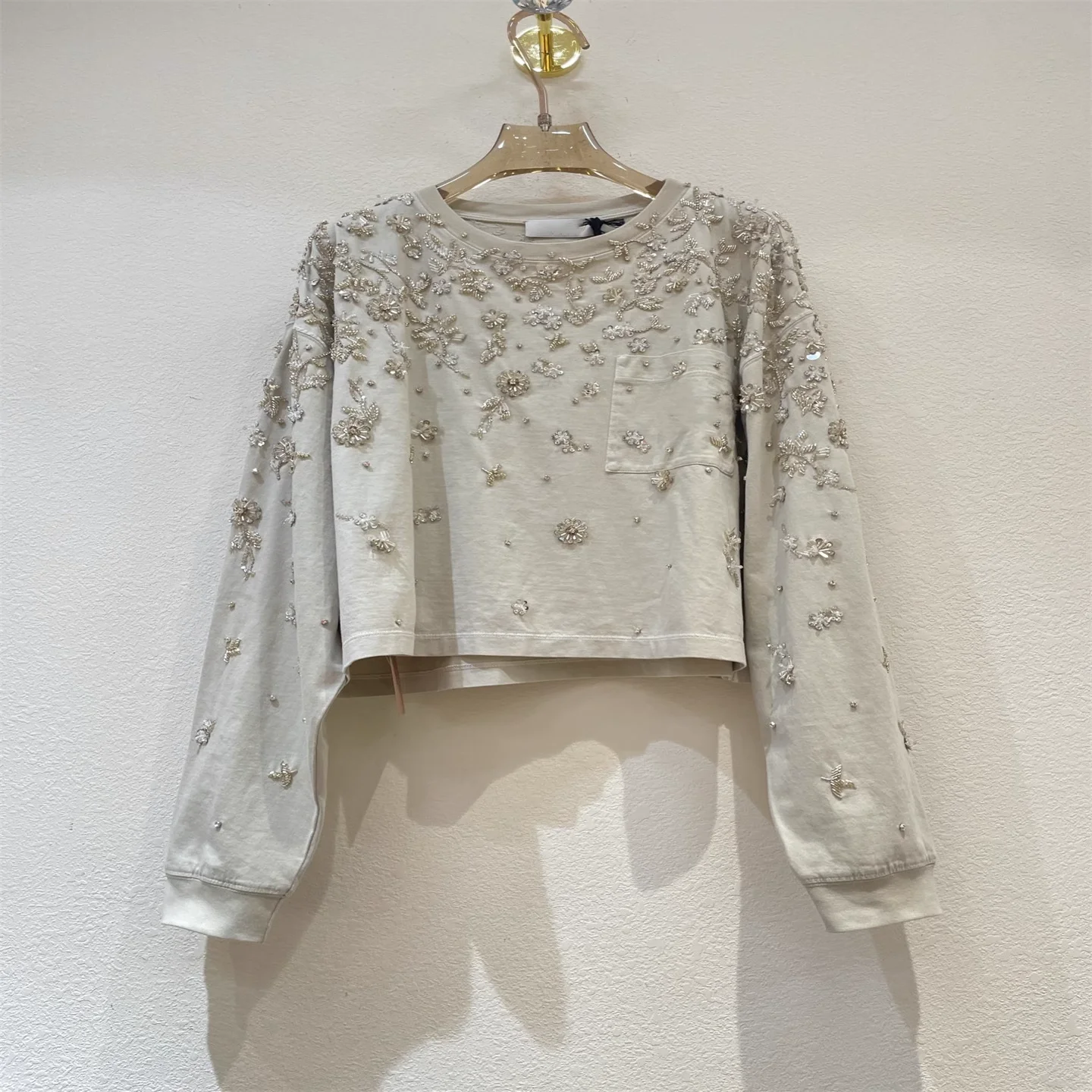 2025 Spring Autumn Beige Top Casual Ladies Cotton Sweatshirt Fashion Women's Sequins Pullover