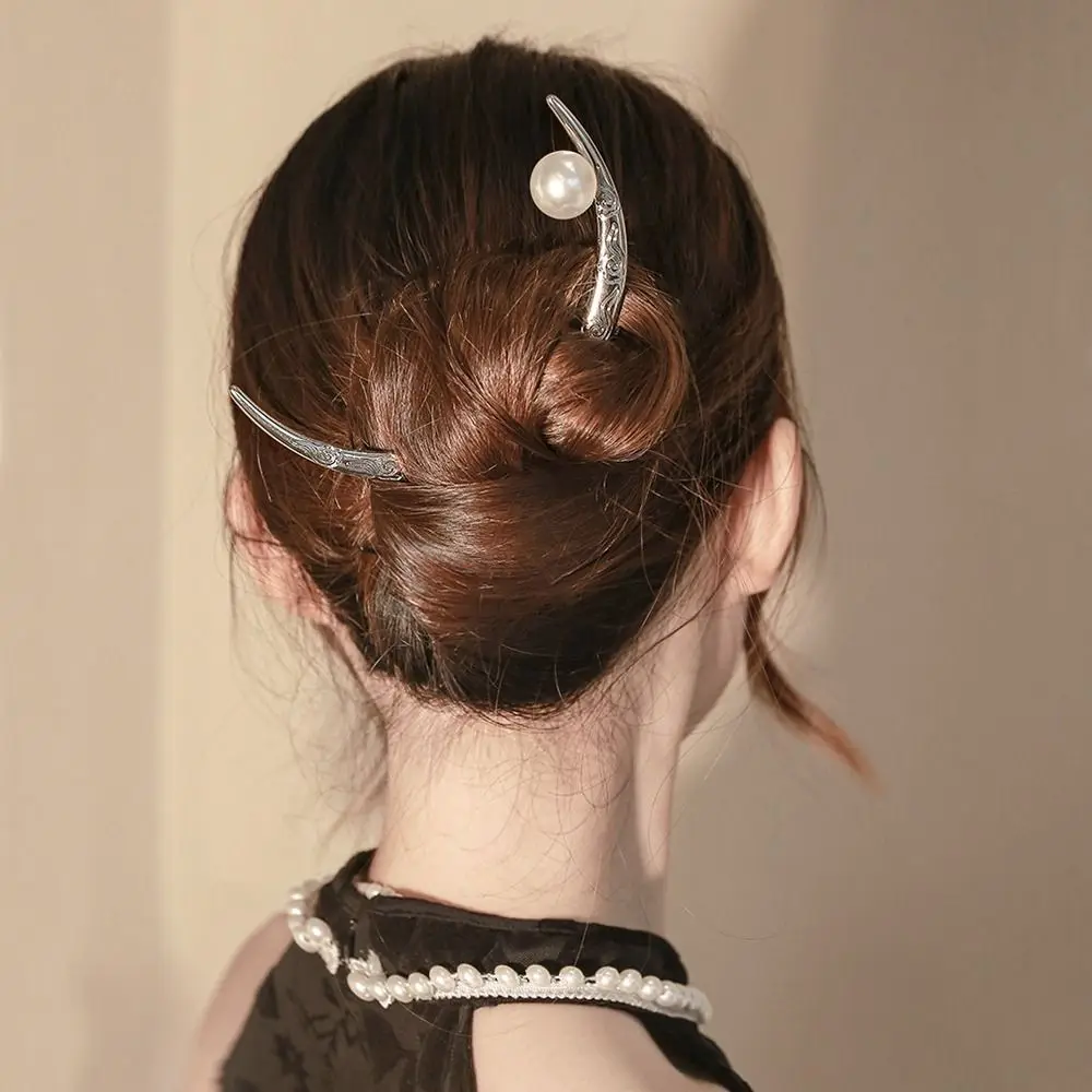 

Ancient Style Pearl Hair Fork Silver Alloy Moon Hair Stick Hair Ornament Elegant Semicircle Shaped Hair Jewelry Hair Accessories