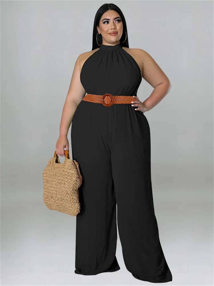 Wmstar Plus Size Women Jumpsuit with Belt Summer Clothes Solid Sleeveless Wide Leg Office Lady Bodysuit Wholesale Dropshipping