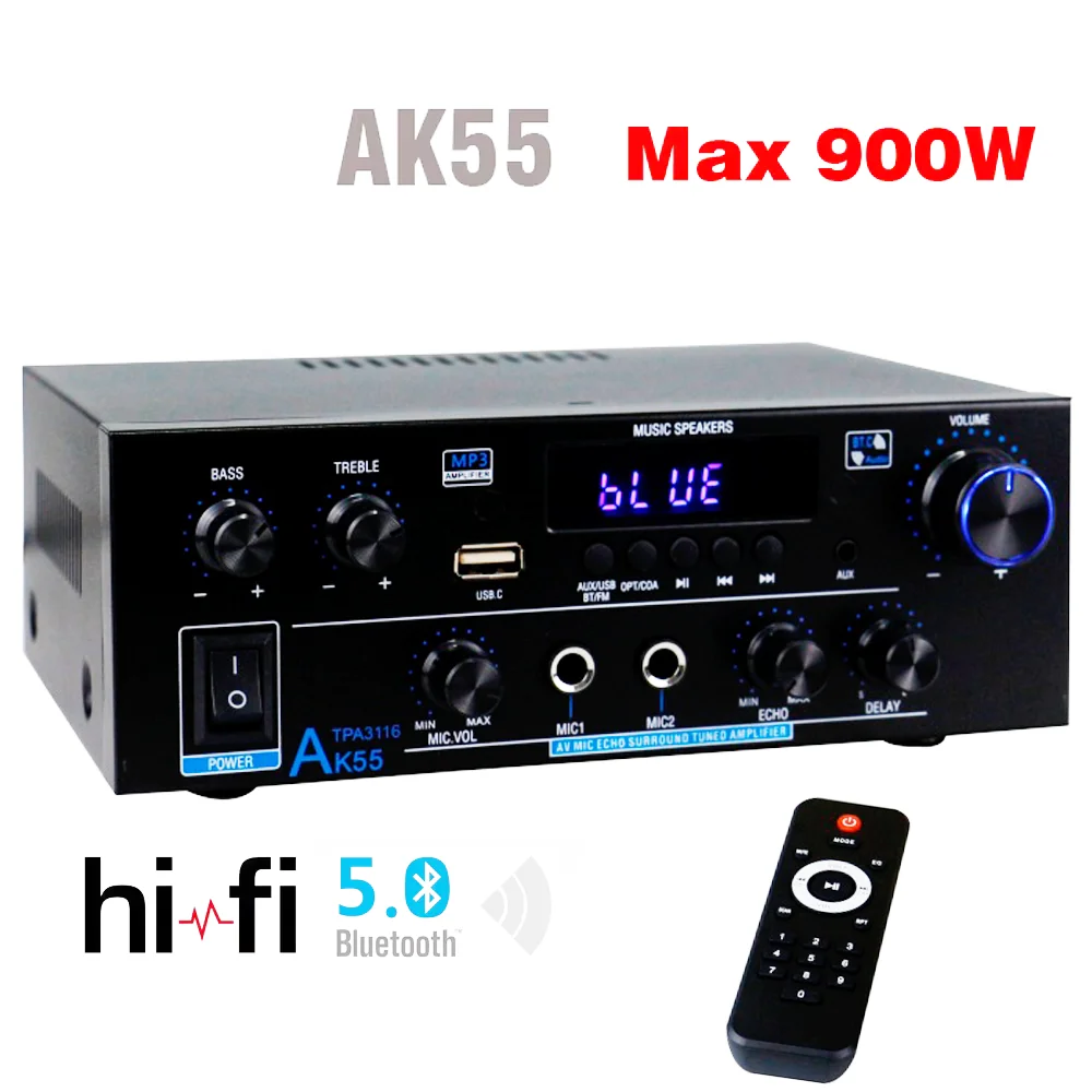 Audio Amplifier Auto-partner HiFi Audio Amplifier Digital Bluetooth AMP RMS 70W+70W Channel 2.0 Inputs FM Radio AK55