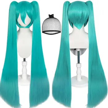 Synthetic Long Green Wig with 2 Ponytails for Women Long Straight Miku Wigs with Bangs for Cosplay Wig for Halloween Party  ﻿ 1