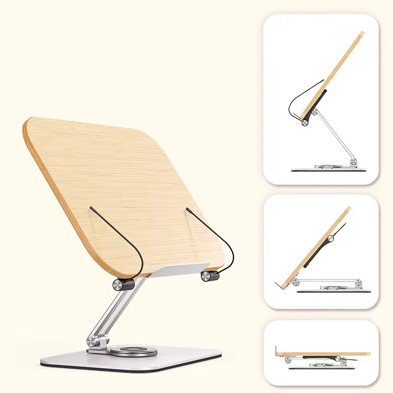 Desktop Book Stand for Reading 360&deg; Rotating Base Wooden Panel Page Clips Foldable Angle for Reading Book Holder
