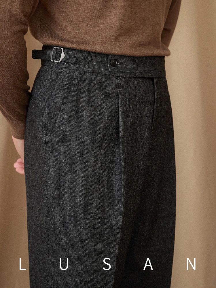 40% Wool Winter Thick Warm Naples Casual High Waist Straight Pants Commuter Retro Men casual pants
