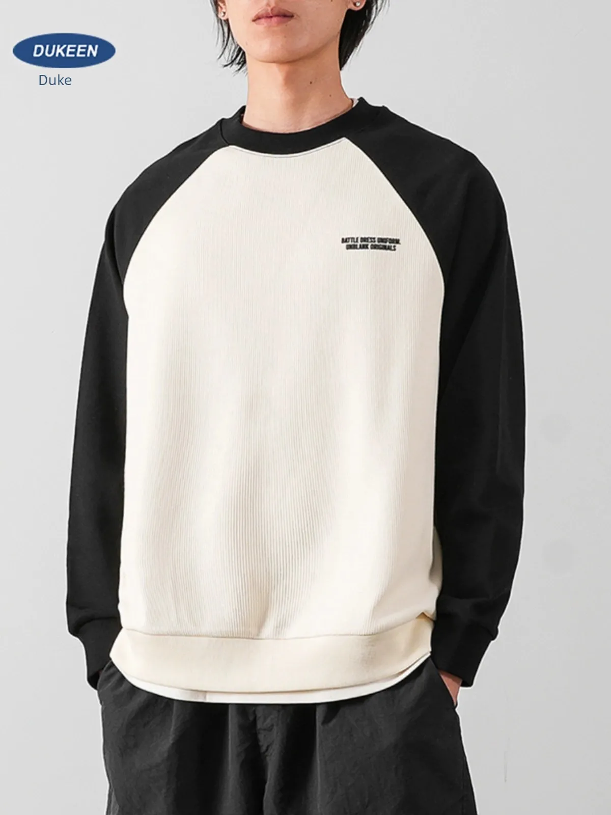 

EN340G Raglan Sleeves Round Neck Sweate Fo Men's Sping And Autumn Colo Contast Pinted T-shit Long Sleeved Spliced