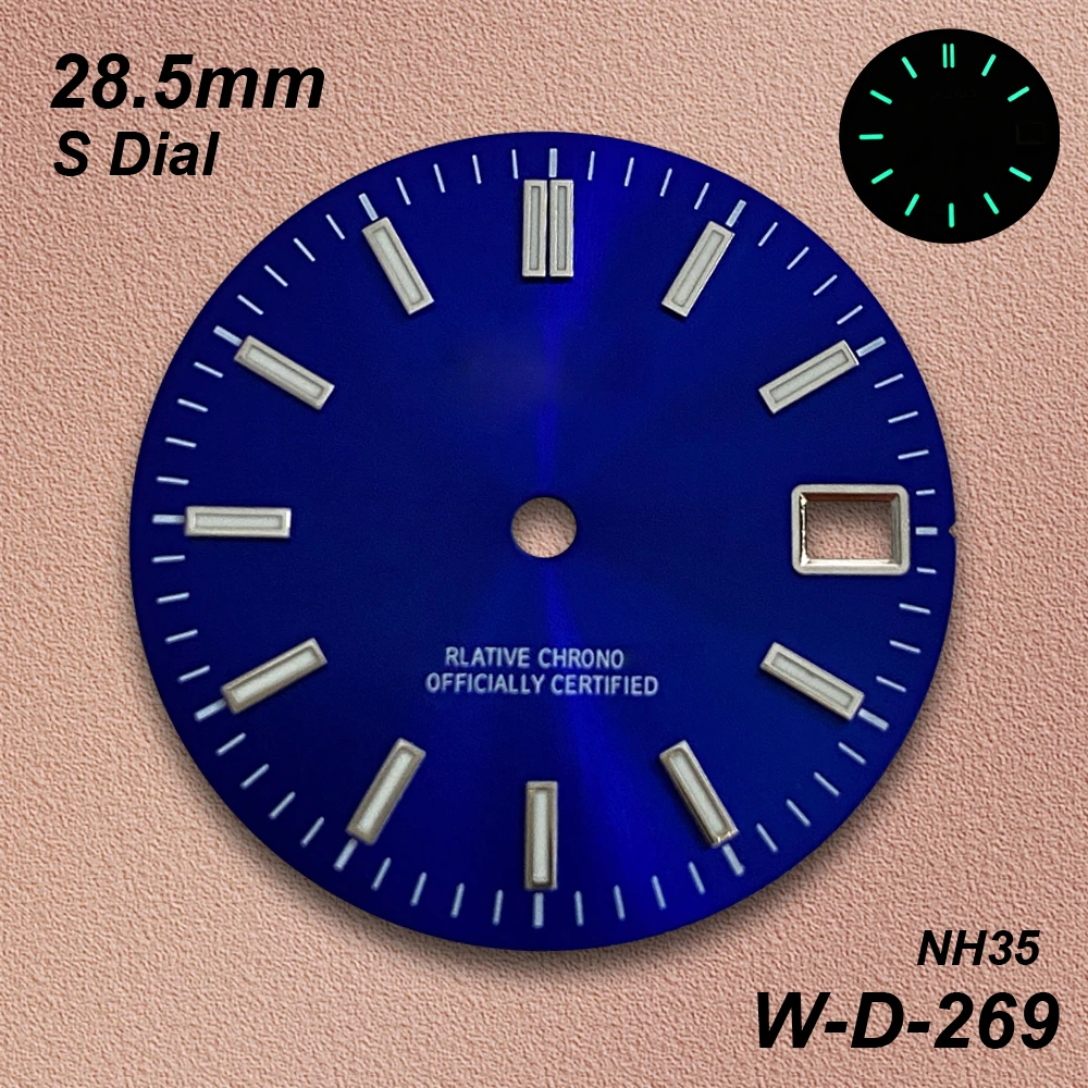 28.5mm S 로고 선레이 다이얼 NH35/NH36 무브먼트 호환 그린 야광 고품질 시계 개조 액세서리 3/3.8시 방향 호환