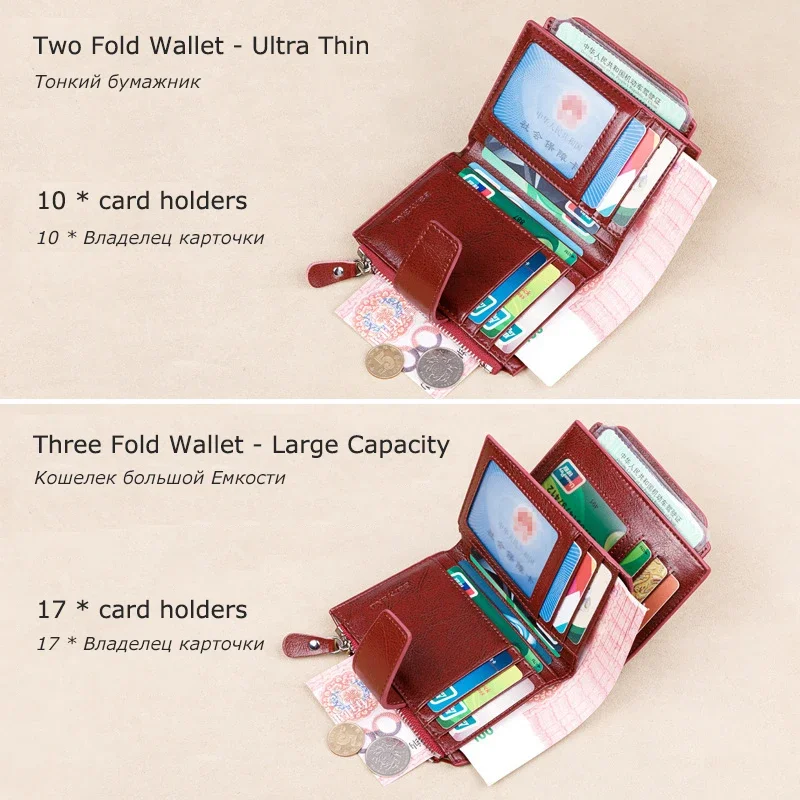 Genuine Leather Wallets for Women Red Money Purses Zipper RFID Short Female Small Card Holder Coin Purse Trifold Bifold Wallet 2
