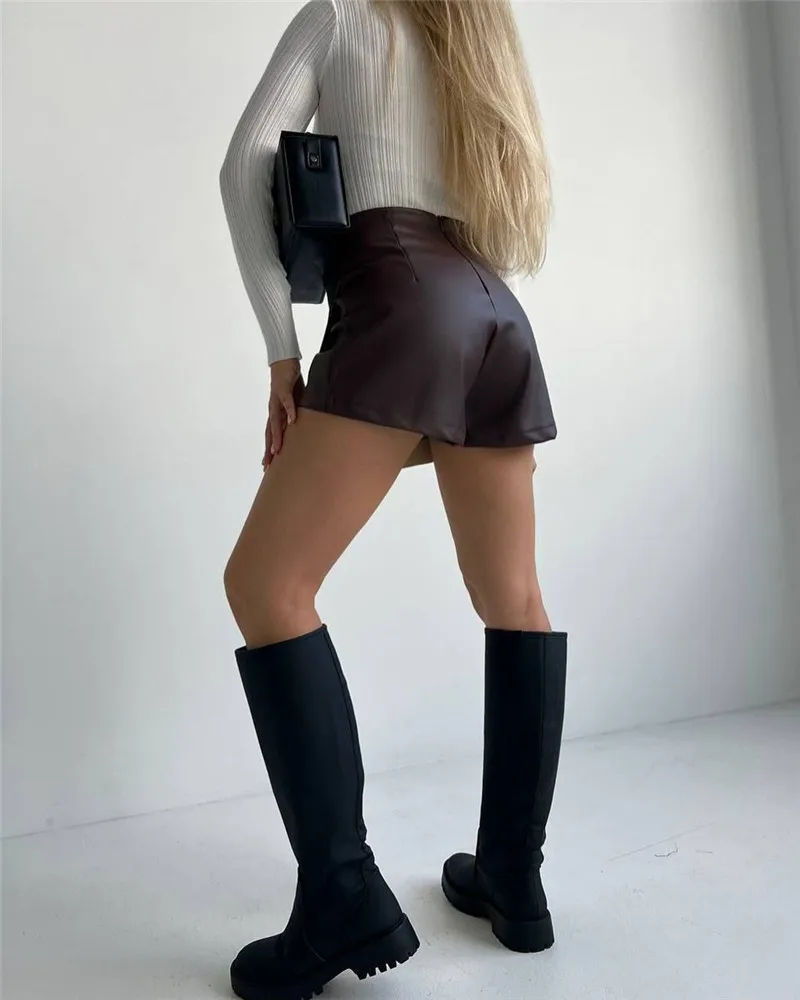 Shestyle Women Shorts High Waist Sexy Elegant PU Faux Leather Skirts Office Lady A-Line Asymmetrical Bottom Clubwear Workwear