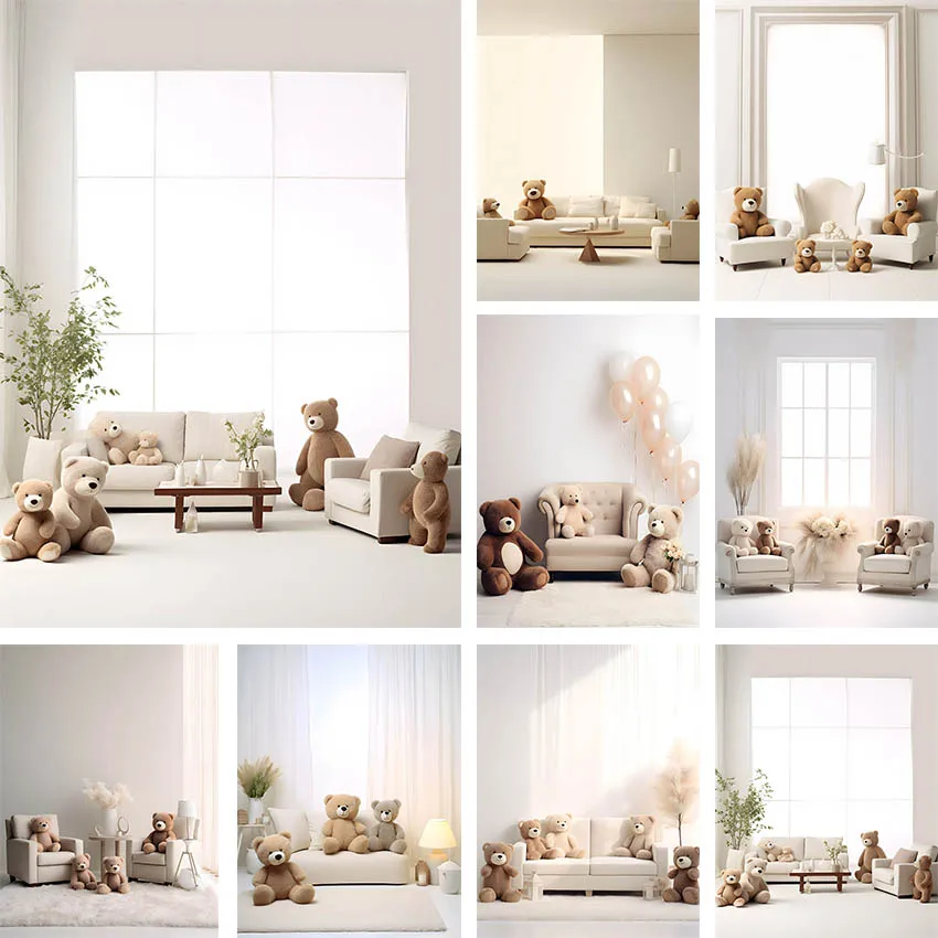 

Mehofond Photography Background White Indoor Bear Window Children Birthday Party Cake Smash Portrait Decor Backdrop Photo Studio