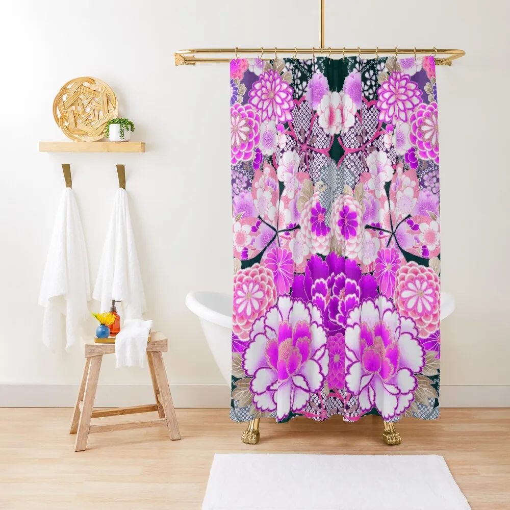 

ANTIQUE JAPANESE FLOWERS Pink Purple White Wild Roses Kimono Style Floral Shower Curtain Elegant Bathroom Curtain