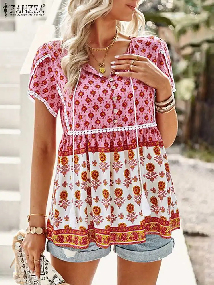 

ZANZEA Bohemian Casual Holiday Shirt Woman Elegant Floral Printed Blouse Summer Short Sleeve V-Neck Tunic Tops Loose Blusas 2023