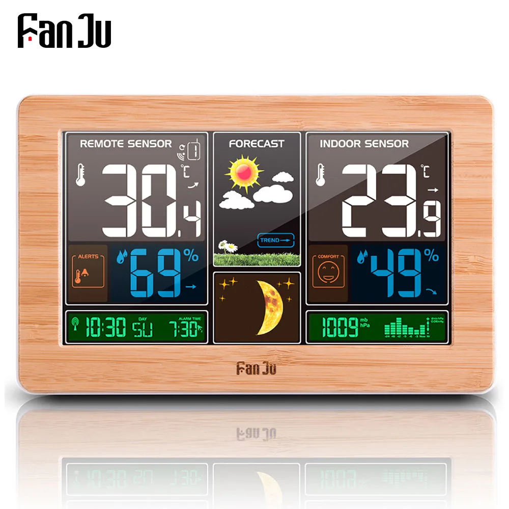 

Цифровые настенные часы FanJu FJ3378, беспроводная настольная метеостанция с будильником, термометром, гигрометром, барометром и прогнозом погоды
