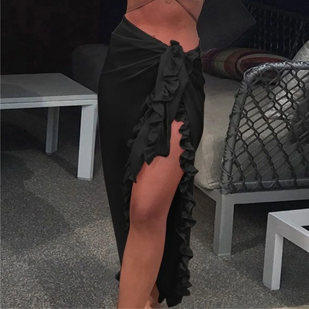 Women Fashion Ruffle Design Sarong Chiffon Material Sheer Fabric Beach Dress Long Length Solid Color Pareo Dress Sun Protection 1