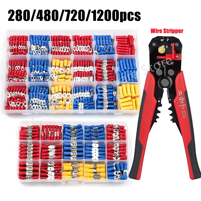 Terminais de pá Isolados Conector do Cabo Fio Elétrico Crimp Butt Ring Talões Garfo Kit Laminado Wire Stripper 280 Pcs 720 Pcs 1200 Pcs