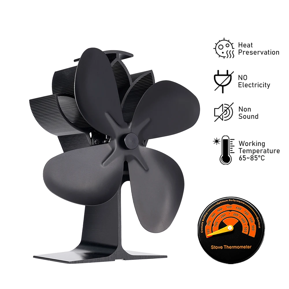 

Black Fireplace Fan 4 Blade Stove Fan Home Silent Heater Log Wood Burner Eco Quiet Fireplace Fan Ecological Thermal Cycling