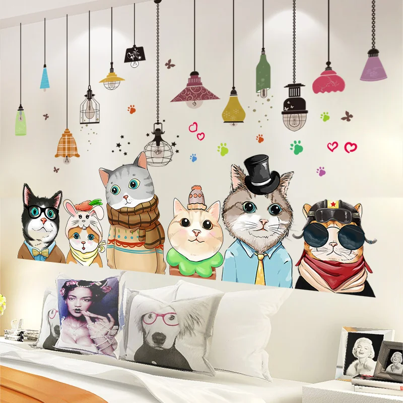 Cartoon Cats Animals Wall Sticker Diy Light Bulbs Wall Decals For Kids