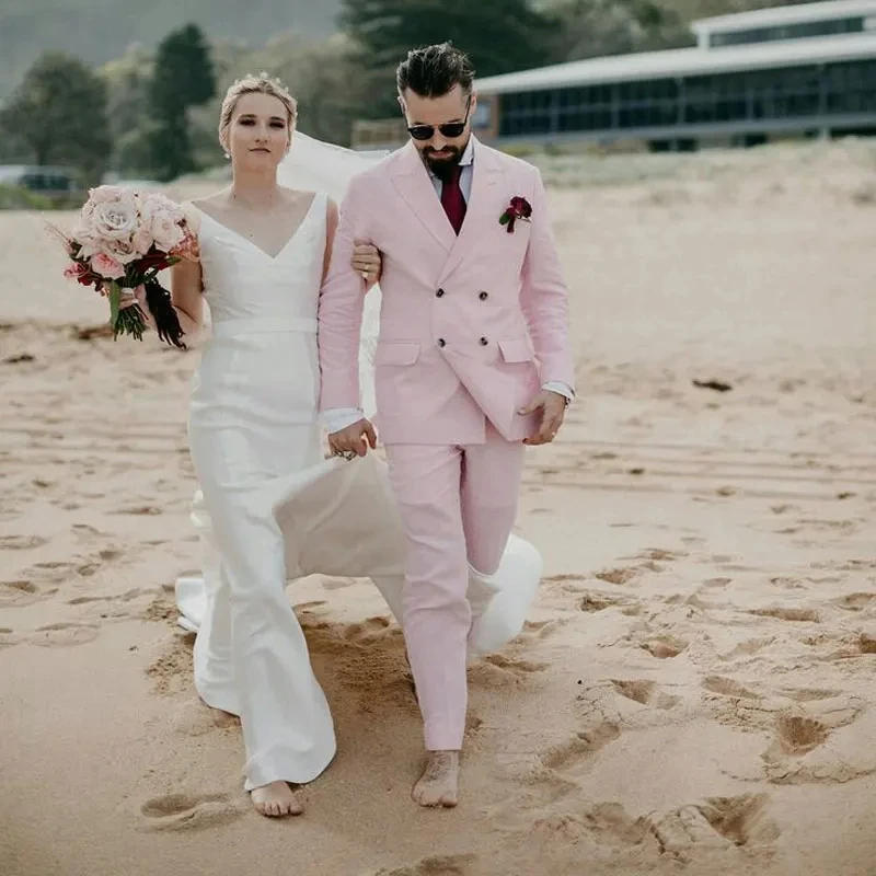 Wedding Men Suits Slim Fit Double Brieasted Beach Groom Tuxedos Two Pieces Peaked Lapel Male Fashion Blazers with Pants