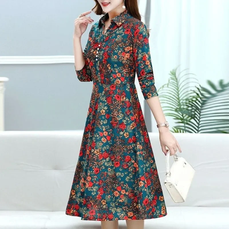 

Spring and Autumn Pullover Polo Neckline New Spliced Printed Button Pocket Slim Mid Length Long Sleeved Women's Dress CY153