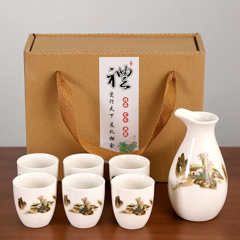 Japanese Sake Wine Warmer 1 Pot 6Cups Ceramic Wineware Cherry Blossom Pattern Sake Pot Yellow Wine Cup Elegant Gift