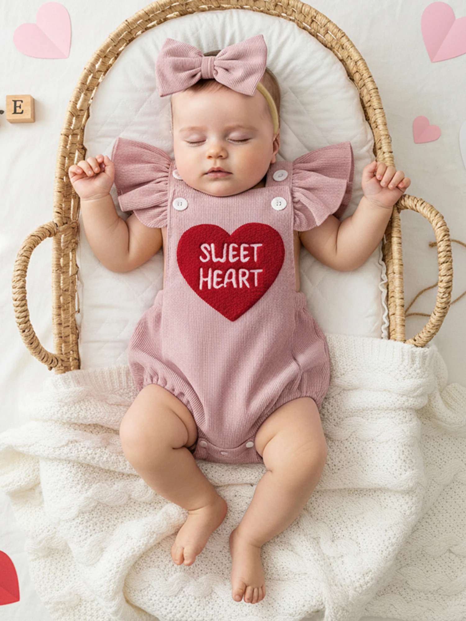 Baby Girl Valentines Outfit Letter Love Heart Embroidered Ruffled Trim Flying Sleeve Romper and Bow Headband 2 Pcs Set Se8112d88981d41608cbe2598d80c4419A