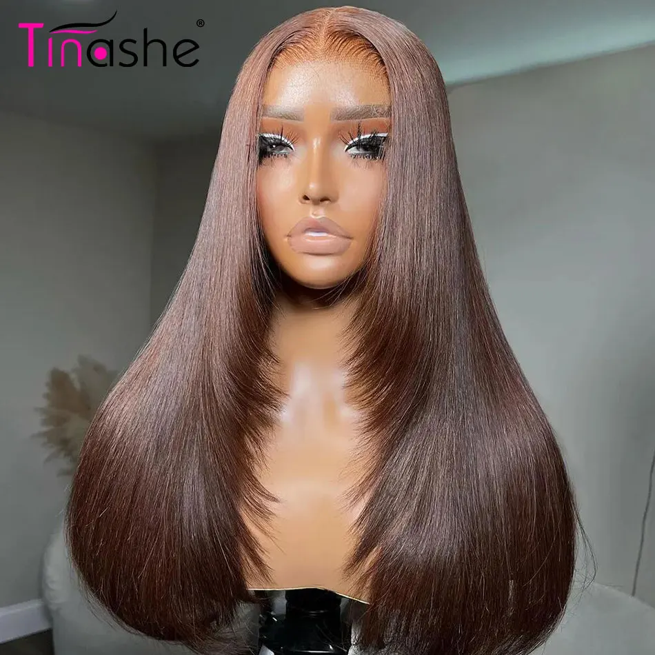 Tinashe Brown Wear&Go Glueless Layered Wig Pre Bleached Bone Straight Human Hair Wigs 200 Density 6x5 HD Lace Closure Wig
