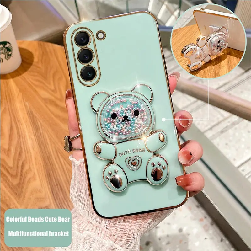 Coque de téléphone plaquée avec support d'ours mouvant, étui mignon pour Samsung Galaxy S23 S21 S20 S22 S10 Note 10 20 23 Plus Ultra S21Fe_voghion.com