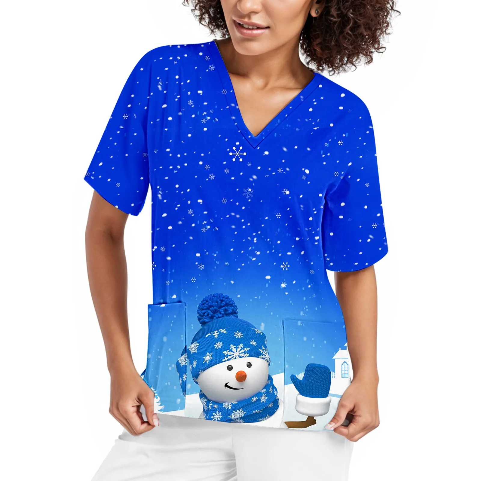 

Cute Cartoon Snowman Print Christmas Nursing Scrubs Women Tops Short Sleeve Pet Salon Work Uniform Blouse Costume Shirts Female