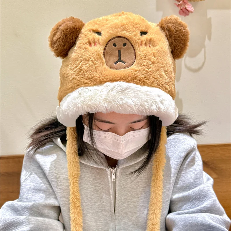 Capybara hat and pendant 2 in 1 Capibara Kawaii Plush Headgear kapibara Outdoor Funny Keychain Winter gift for Children