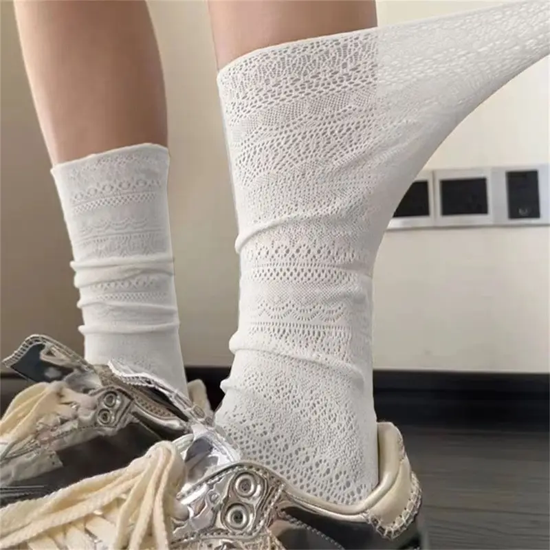 Sweet Mesh Hollowed Out White Pile Socks