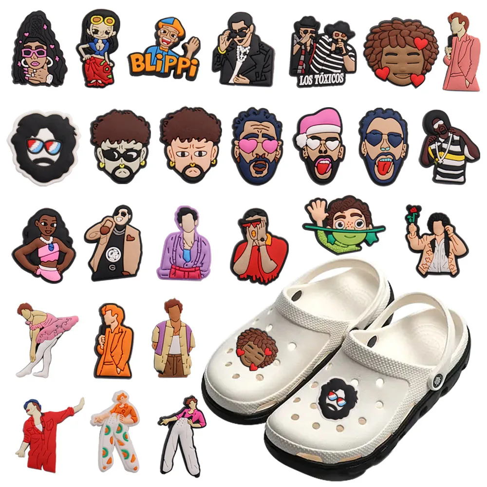 

Mix 50pcs PVC Croc Jibz Buckle Handsome Man Woman Singer Dancer Nose Ring Earring Glasses Boy Shoe Charms Decorations for Bands