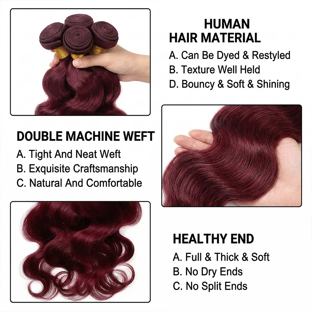 99J Burgundy Body Wave Bundles Human Hair 30Inch Brazilian Weave Bundles Remy Hair Extensions Colored Red Raw Human Hair Bundles 3