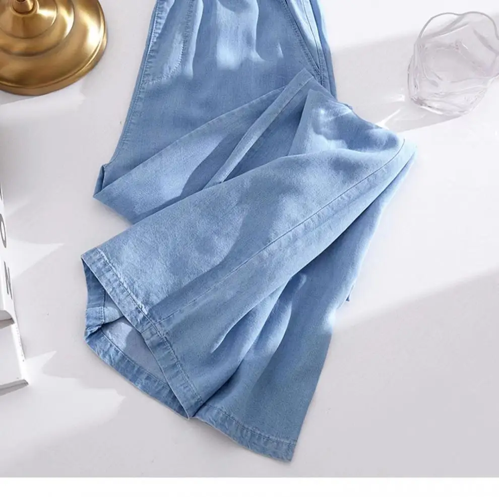 Women’s wide‑leg stretch denim pants with elastic lace‑up drawstring waist 00332
