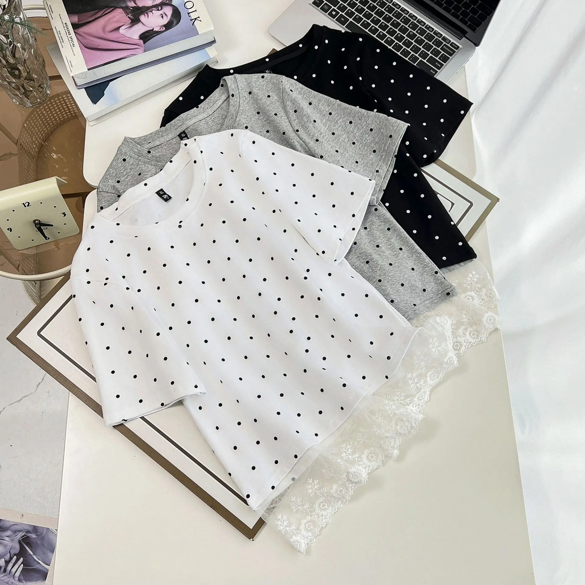 100kg Summer Top Temperament Casual Lace Hem Splicing Polka Dot Short Sleeve Tees Plus Size T-shirt Woman 2505