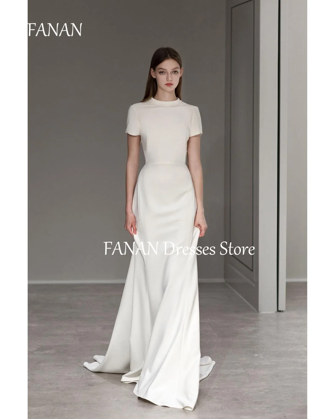 

FANAN Mermaid Satin Korea Short Sleeves Ivory Wedding Dresses with Sweep Train Backless 웨딩드레스 Custom Made Bride Gowns Plus Size