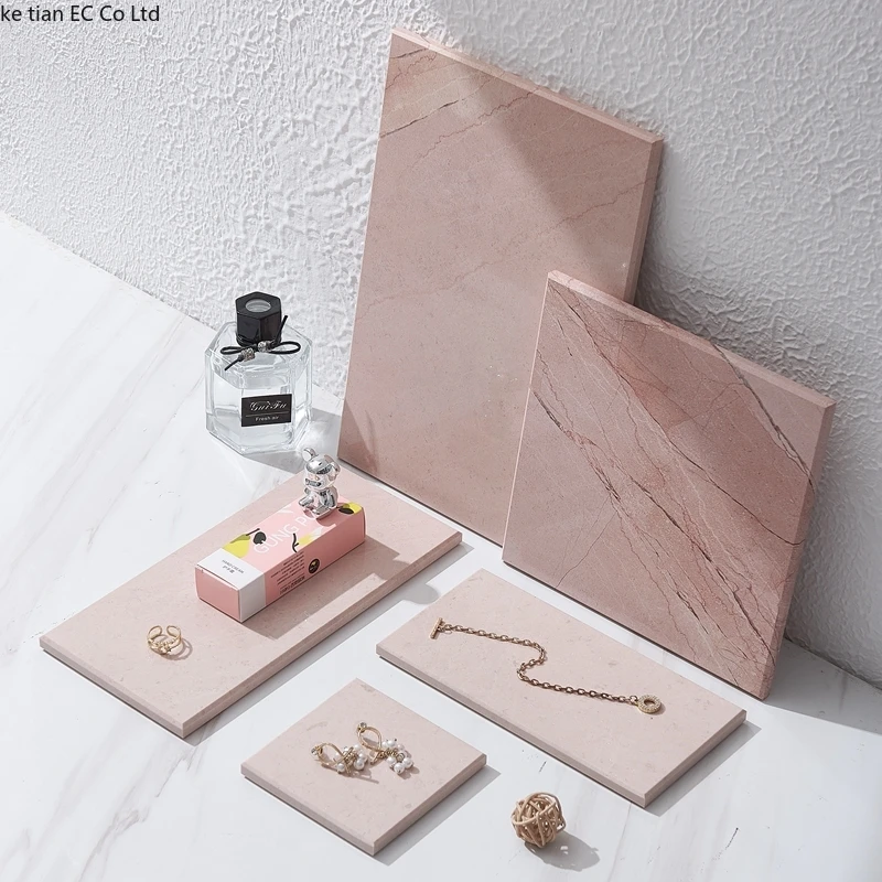 European style natural pink marble tray Aromatherapy Bottle Makeup Bottle Storage Tray Decorative Tray Jewelry Display Plate 2