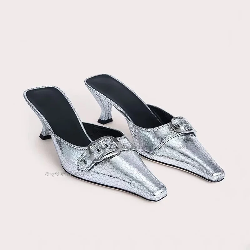 

Buckle Decor Silver Fish Scale Pattern Slippers Slip On Women Shoes Strange Style Heels Fashion Novel 2023 Zapatos Para Mujere