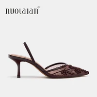 2026 String Bead Mesh Embroider Slingback High Heels Women Sexy Pointed Toe Heeled Sandals Summer Elegant Luxury Designer Shoes - Image 6