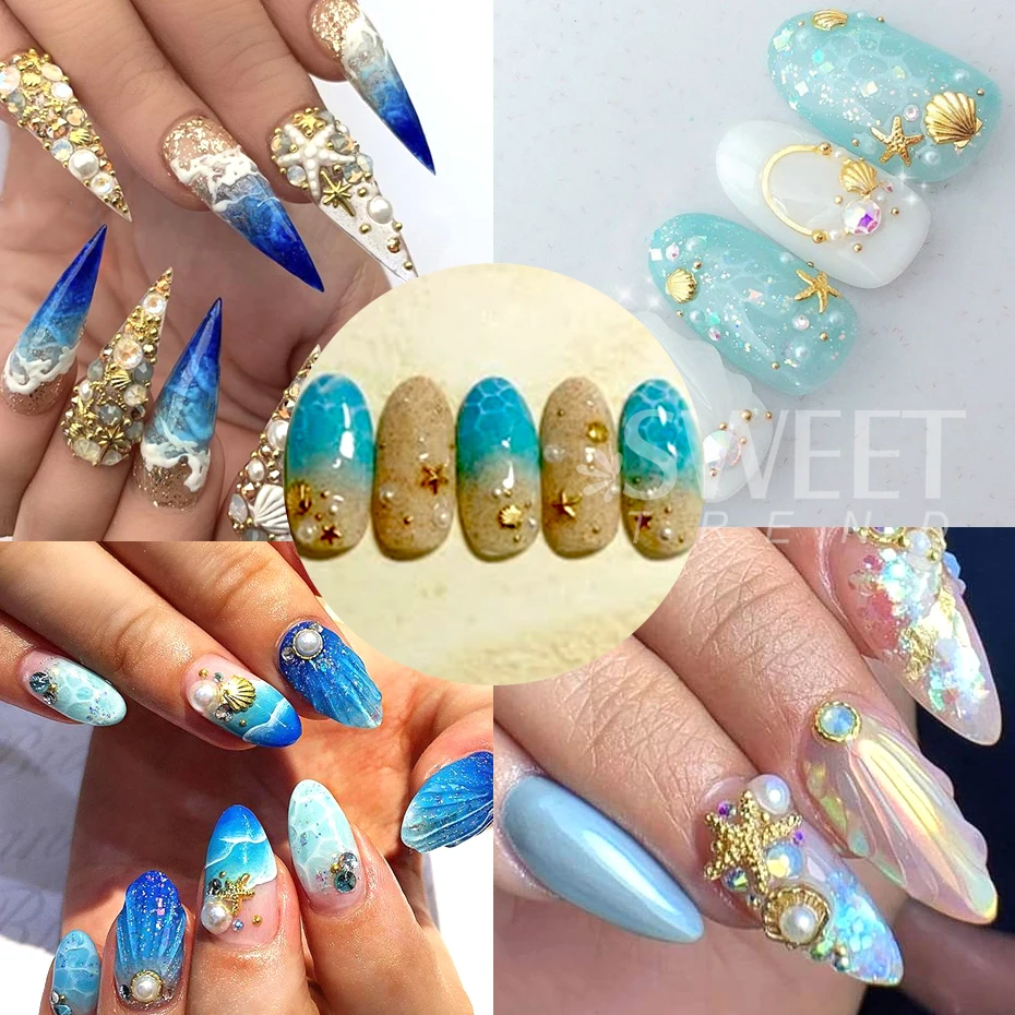 6Grids Ocean Theme Gold Nail Art Charms Shell/Starfish Pearl Metal Gems 3D Mixed Nail Art Decoration Manicure Jewelry Accessory
