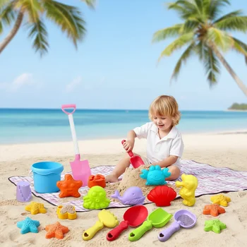 Set di Giocattoli da Spiaggia per Bambini 17 Pezzi, Kit Estivo per Sabbiera con Secchiello, Paletta, Stampi per Castello e Pesci, Giochi per Sabbiera per Neonati