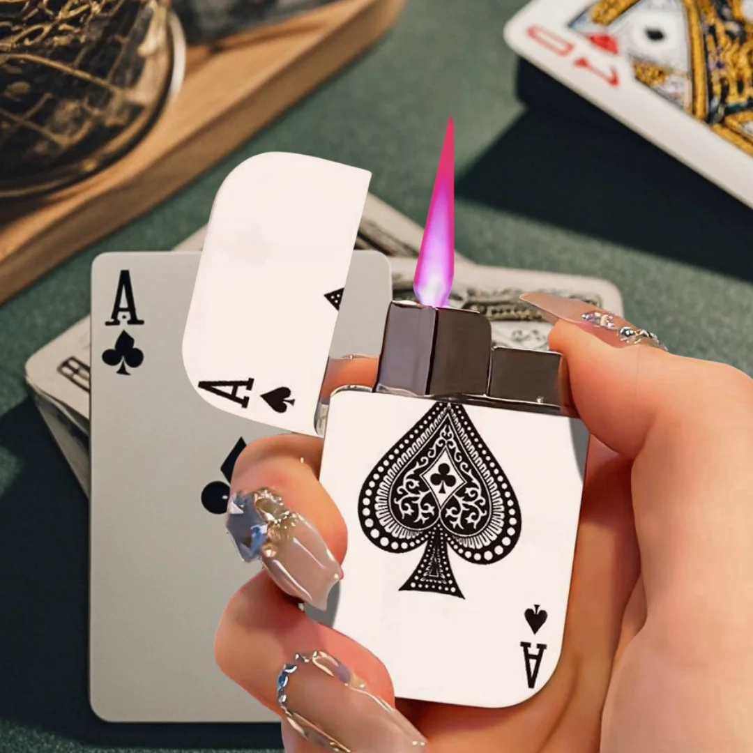 NEW Funny Metal Lighter Windproof Pink Flame Spray Poker Pattern Cute Lighter Smoking Accessories Gift for Men