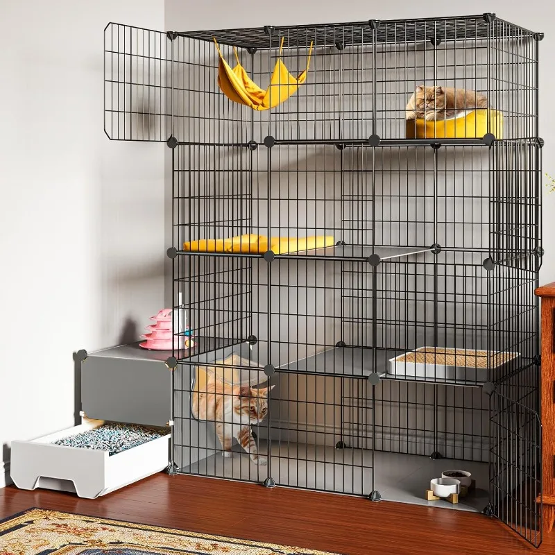 Cat Cage with Litter Box 4-Tier DIY Cat Enclosures Large Playpen Detachable Metal Wire Kennel Indoor Crate Large Exercise Place