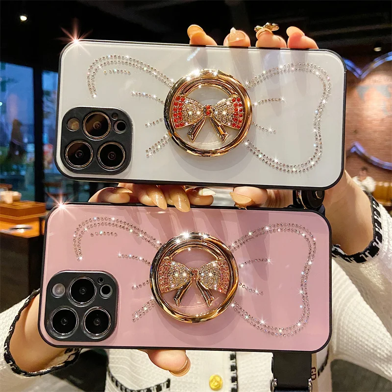 

Luxury Glitter 3D Bow Ring Stand Holder Case For Iphone 12 11 13 Pro Max XR XS 7 8 Plus Retro Lanyard Diamond Acrylic Back Cover