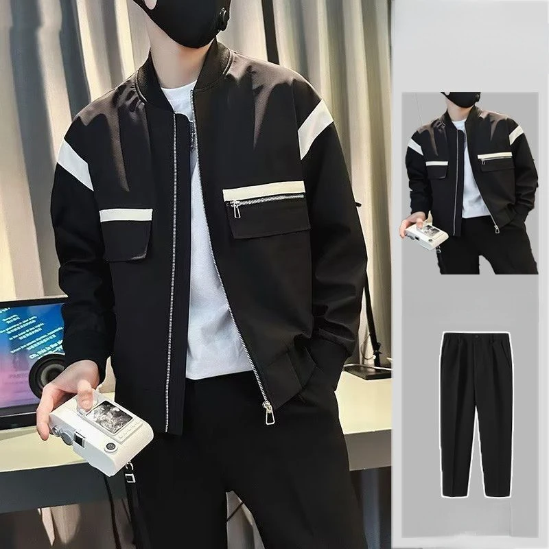 

New Men Suits Men Well Fitting 2 Pieces Sets Stylish Male Contrast Color All-match Long-sleeve Suit Man's Fashion Clothing F124