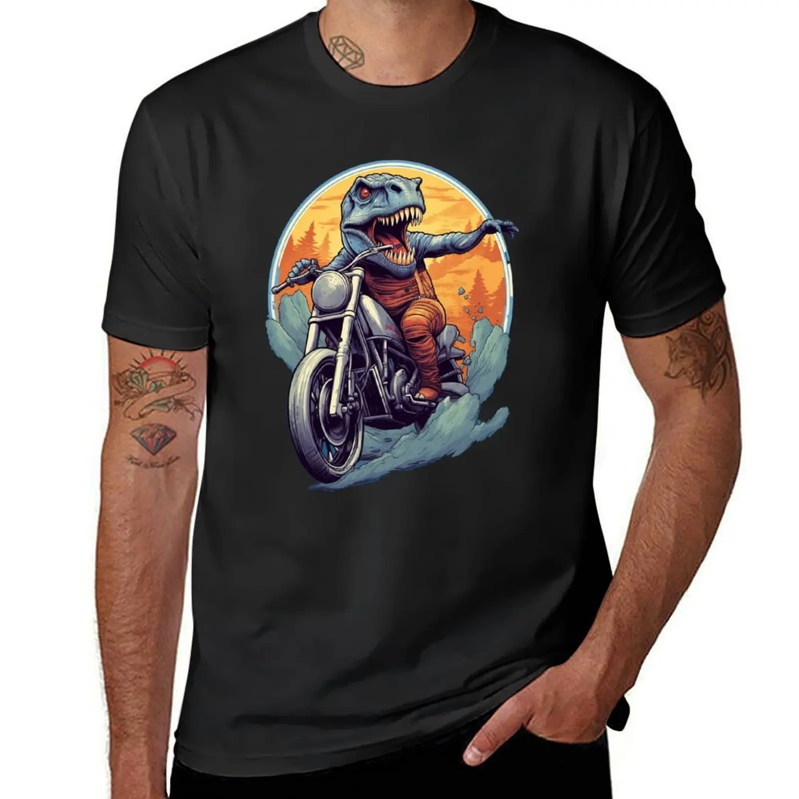 

Forest Adventure: Bluish Motorcycling T-Rex T-Shirt Blouse plus size tops clothes for men